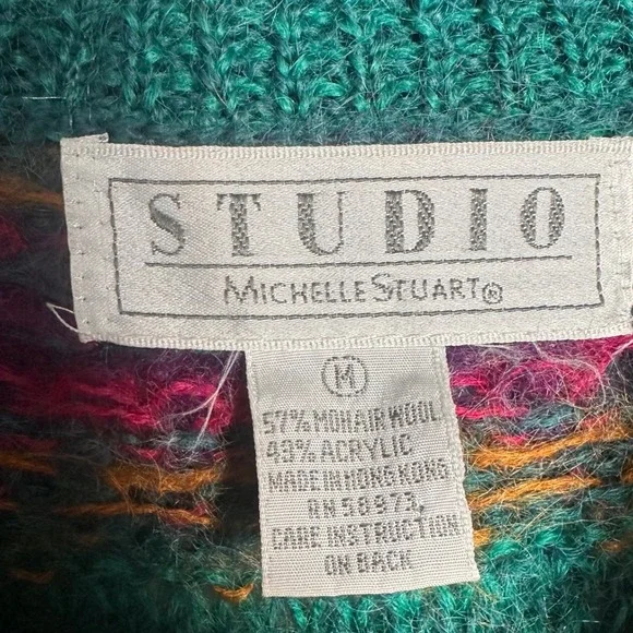 Vintage 80s Michelle Stuart Mohair Wool Fair Isle Sweater‎ Teal Woman Sz M - Picture 8 of 16